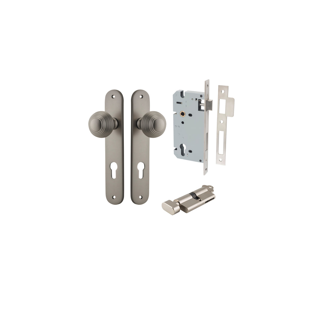 Guildford Knob - Oval Backplate Entrance Kit with High Security Lock Satin Nickel