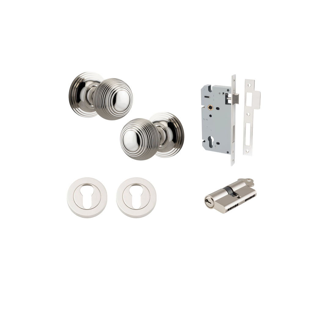 Guildford Knob - Round Rose Entrance Kit with Separate High Security Lock Polished Nickel