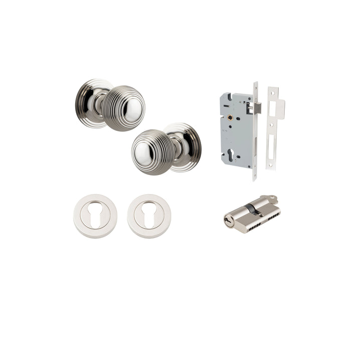 Guildford Knob - Round Rose Entrance Kit with Separate High Security Lock Polished Nickel