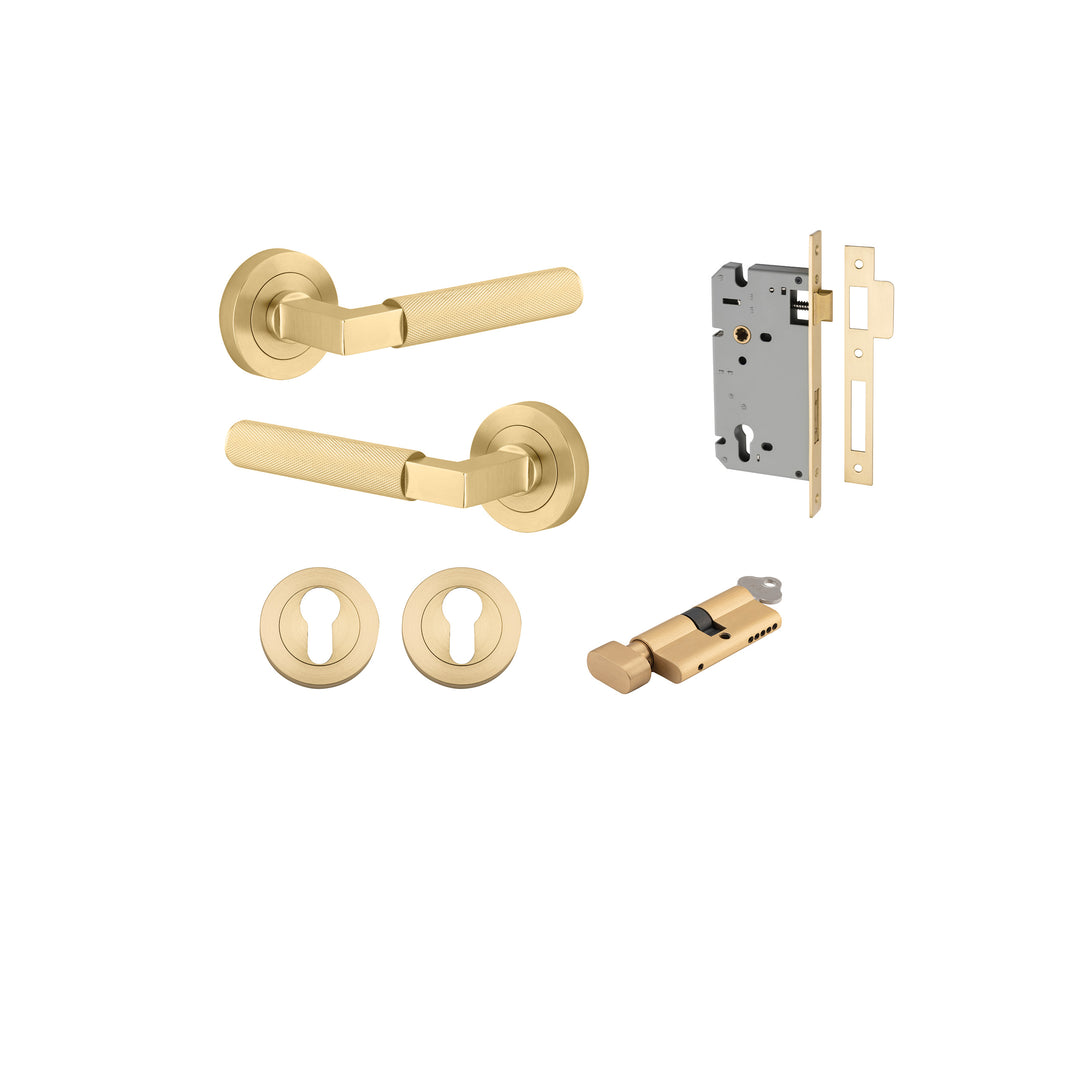 Brunswick Lever - Round Rose Entrance Kit with High Security Lock Brushed Gold PVD