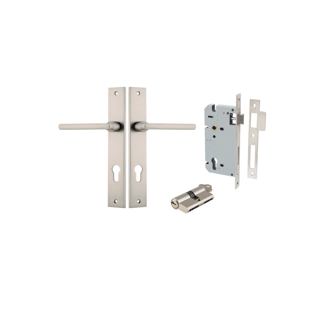 Baltimore Lever - Rectangular Backplate Entrance Kit with High Security Lock Satin Nickel
