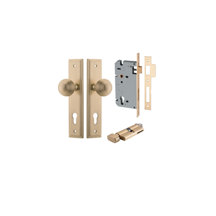Guildford Knob - Stepped Backplate Entrance Kit with High Security Lock Brushed Brass