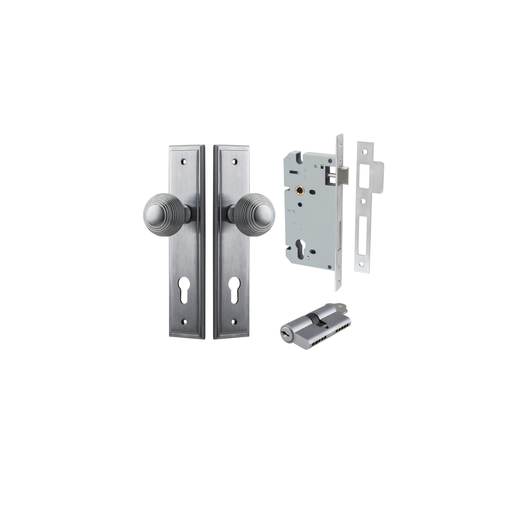 Guildford Knob - Stepped Backplate Entrance Kit with High Security Lock Brushed Chrome