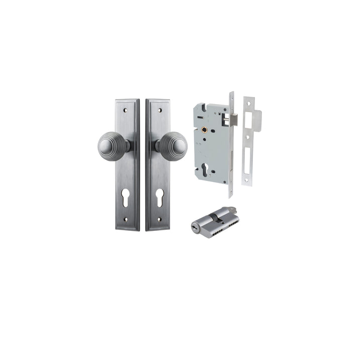 Guildford Knob - Stepped Backplate Entrance Kit with High Security Lock Brushed Chrome