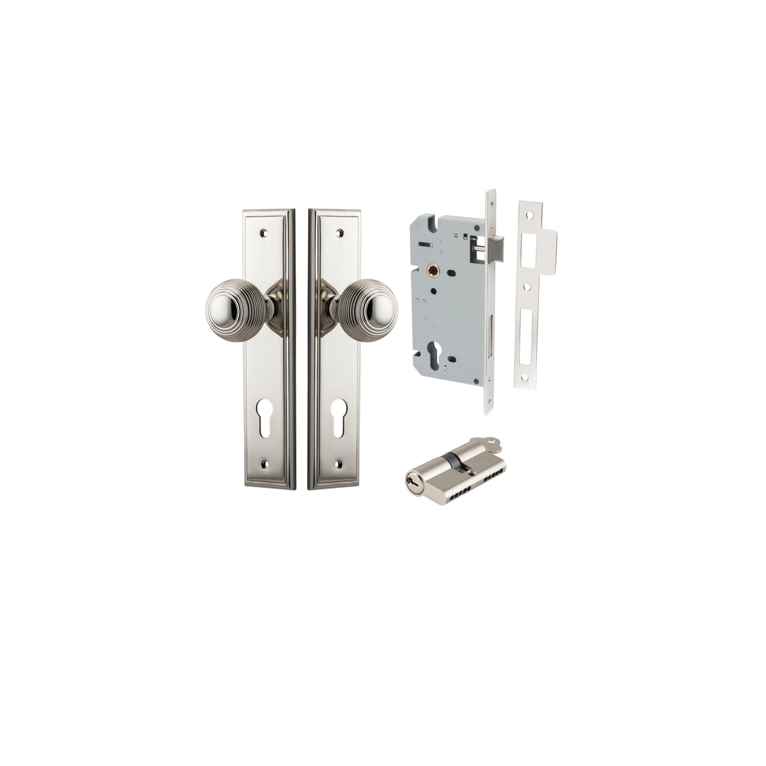 Guildford Knob - Stepped Backplate Entrance Kit with High Security Lock Polished Nickel