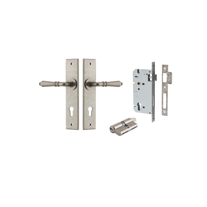 Sarlat Lever - Chamfered Backplate Entrance Kit with High Security Lock Distressed Nickel