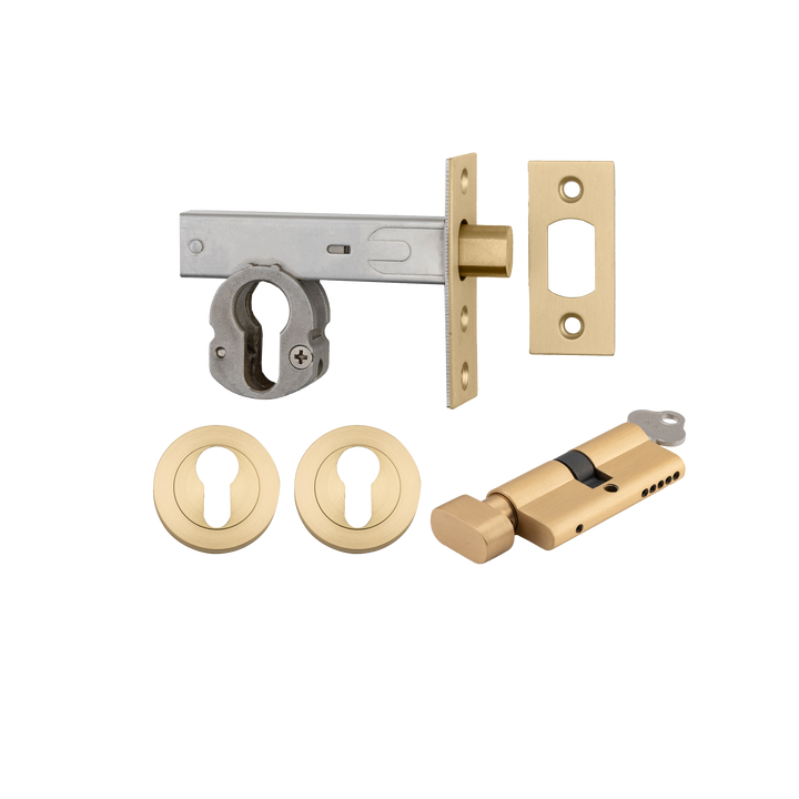 Euro Mortice Deadbolt Kit - 60mm Backset with Round Euro Escutcheon Key/Thumb Brushed Gold PVD