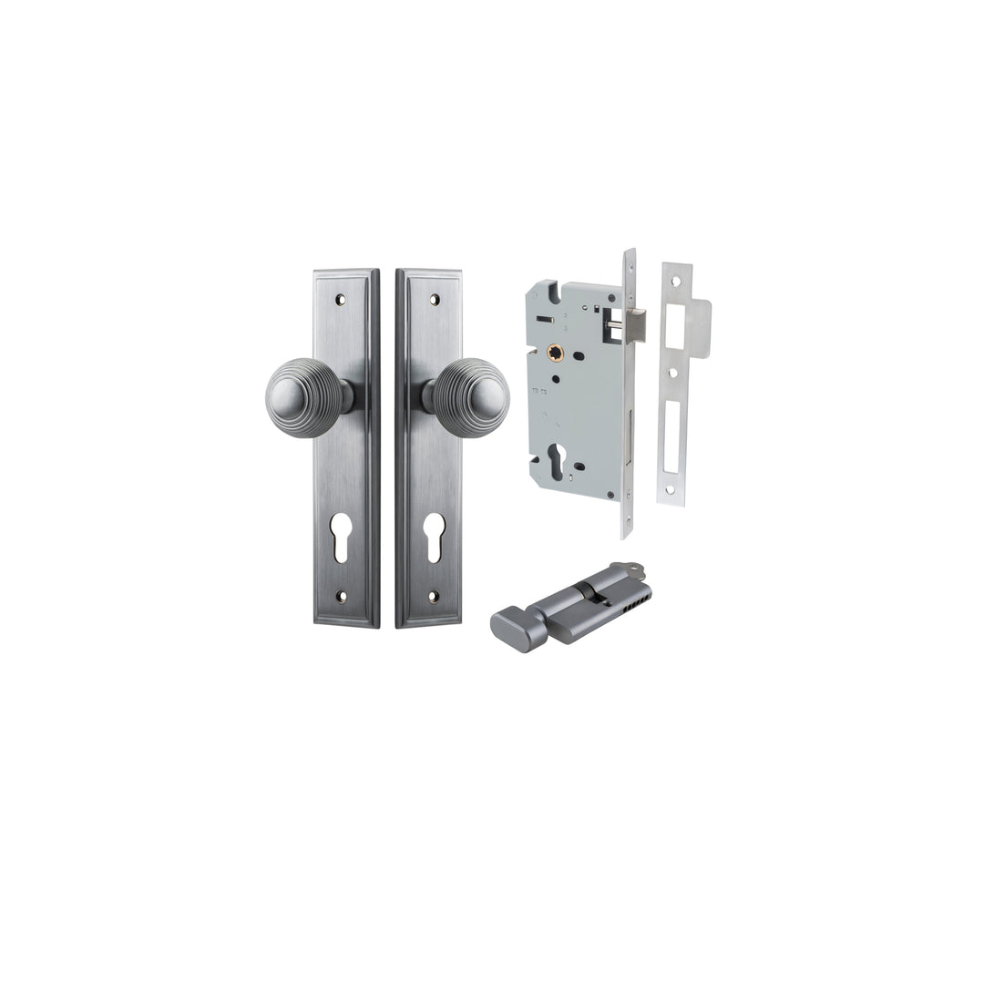 Guildford Knob - Stepped Backplate Entrance Kit with High Security Lock Brushed Chrome
