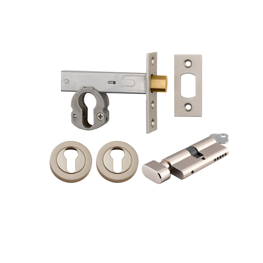 Euro Mortice Deadbolt Kit - 60mm Backset with Round Euro Escutcheon Key/Thumb Satin Nickel