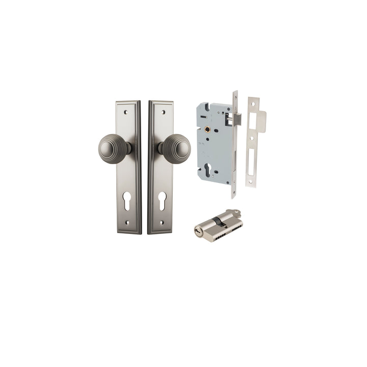 Guildford Knob - Stepped Backplate Entrance Kit with High Security Lock Satin Nickel
