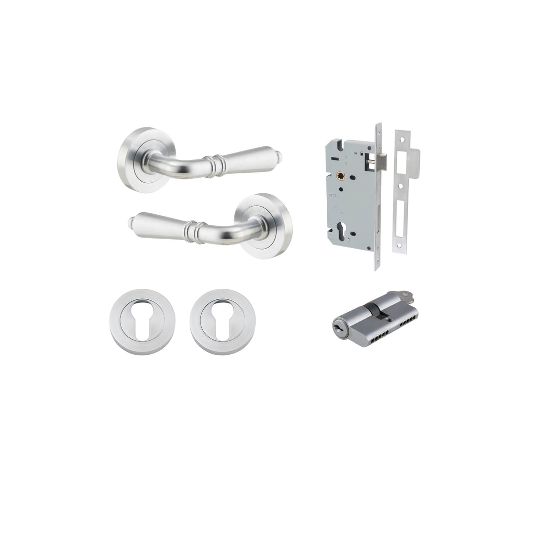 Sarlat Lever - Round Rose Entrance Kit with Separate High Security Lock Brushed Chrome