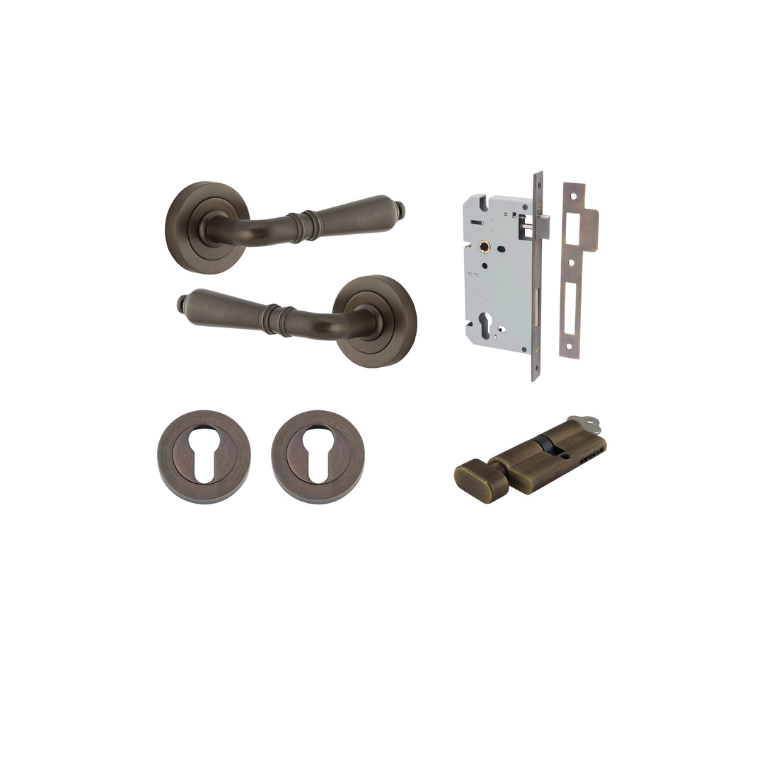 Sarlat Lever - Round Rose Entrance Kit with Separate High Security Lock Signature Brass