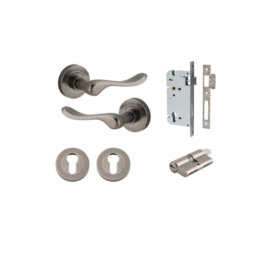 Stirling Lever - Round Rose Entrance Kit with Separate High Security Lock Distressed Nickel