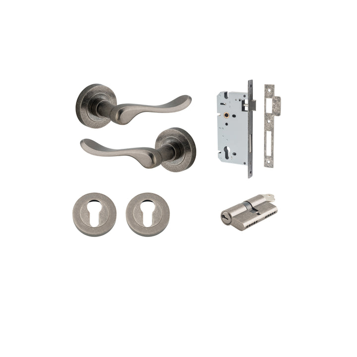 Stirling Lever - Round Rose Entrance Kit with Separate High Security Lock Distressed Nickel