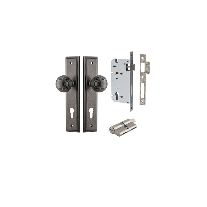 Guildford Knob - Stepped Backplate Entrance Kit with High Security Lock Distressed Nickel