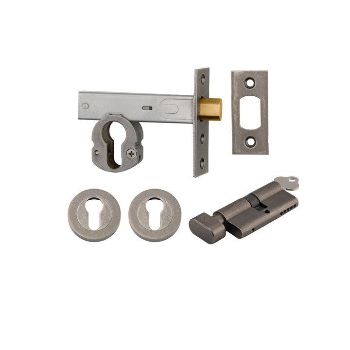 Euro Mortice Deadbolt Kit - 60mm Backset with Round Euro Escutcheon Key/Thumb Distressed Nickel