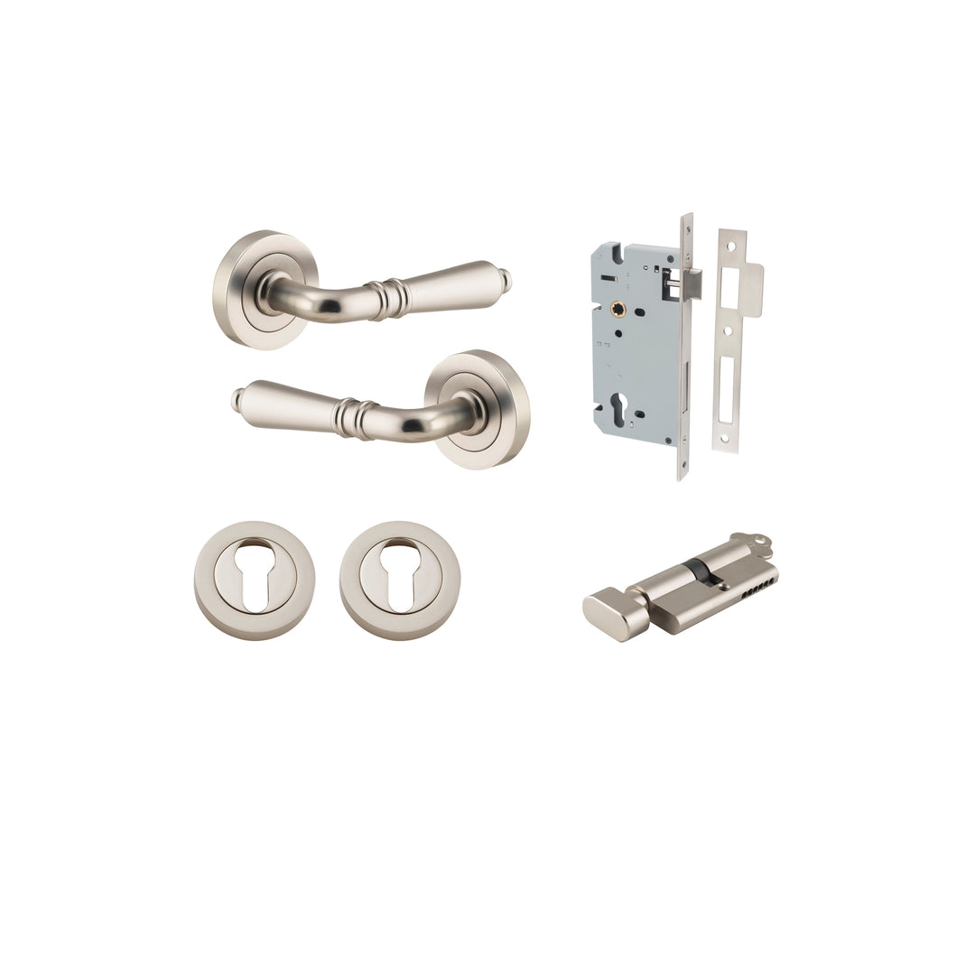 Sarlat Lever - Round Rose Entrance Kit with Separate High Security Lock Satin Nickel