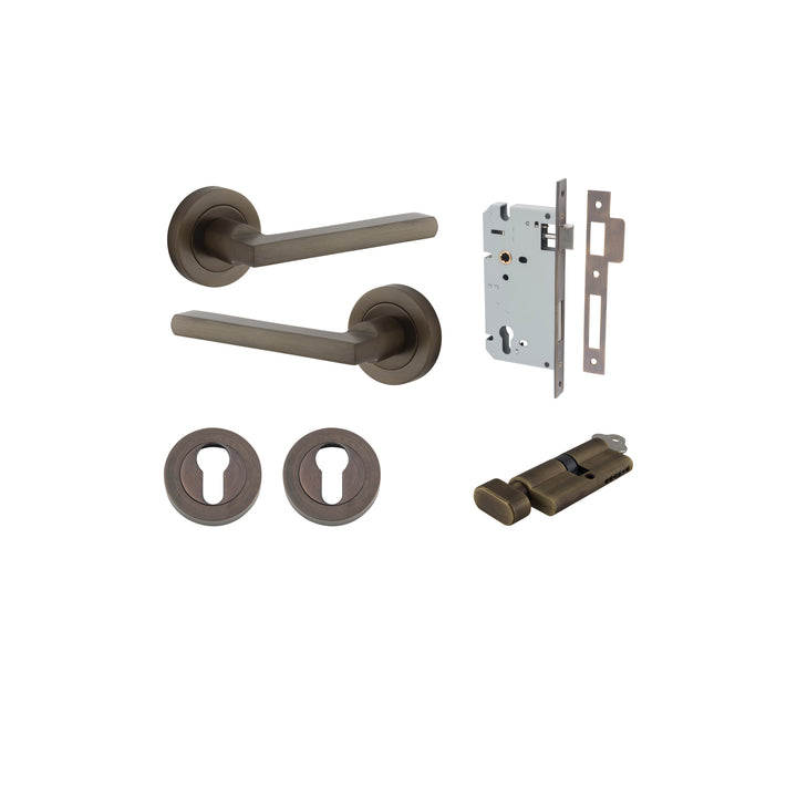 Baltimore Lever - Round Rose Entrance Kit with Separate High Security Lock Signature Brass