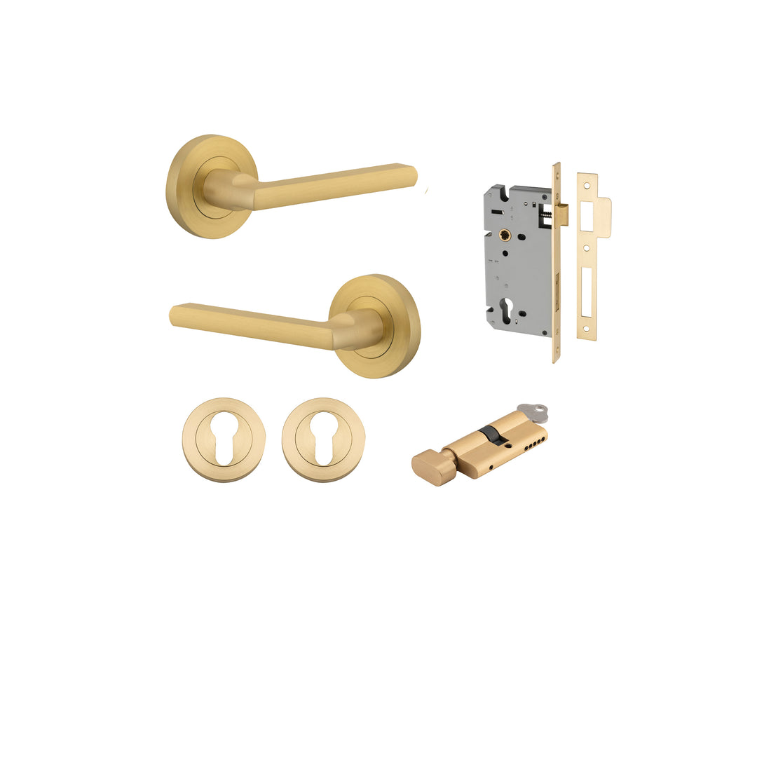 Baltimore Lever - Round Rose Entrance Kit with Separate High Security Lock Brushed Gold PVD